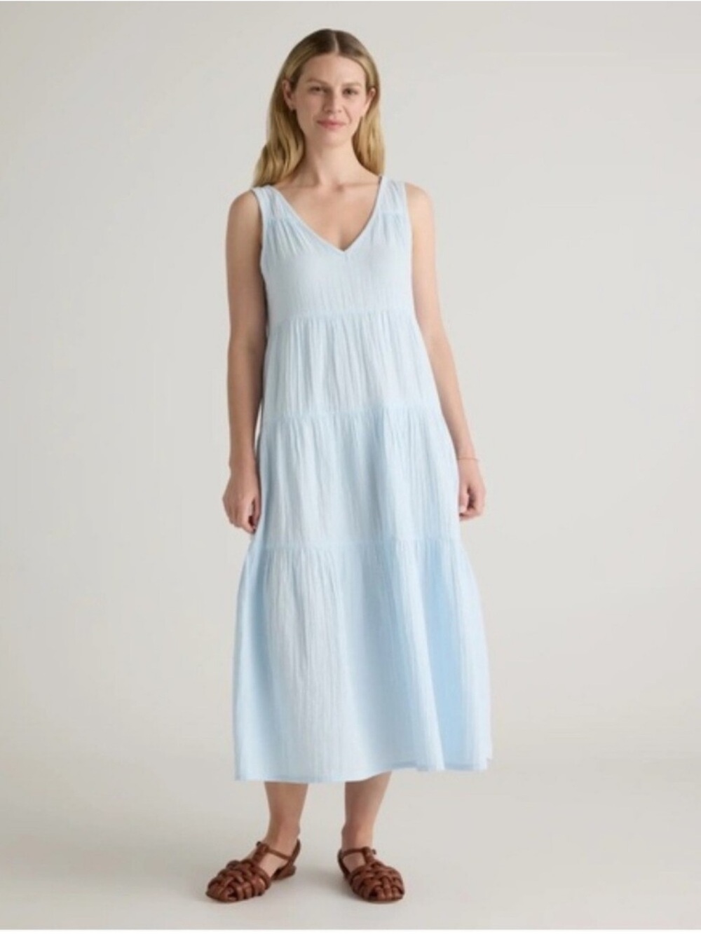 Quince 100% Organic Cotton Gauze Tiered Maxi Dress in Nantucket Blue Medium $128 - Picture 2 of 13
